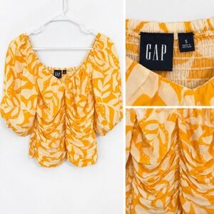 GAP Yellow & Cream Ruched Puff-Sleeve Top Size S